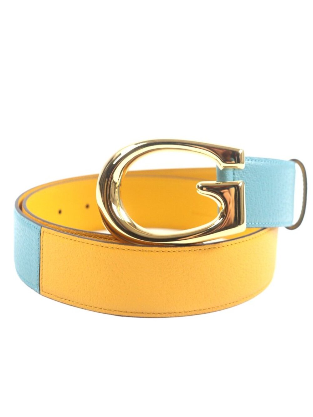 Gucci Memorable Buckle G Logo Bicolor Leather Belt Yellow Blue Gold